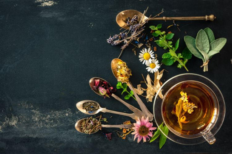Wild flowers and various types of herbal tea