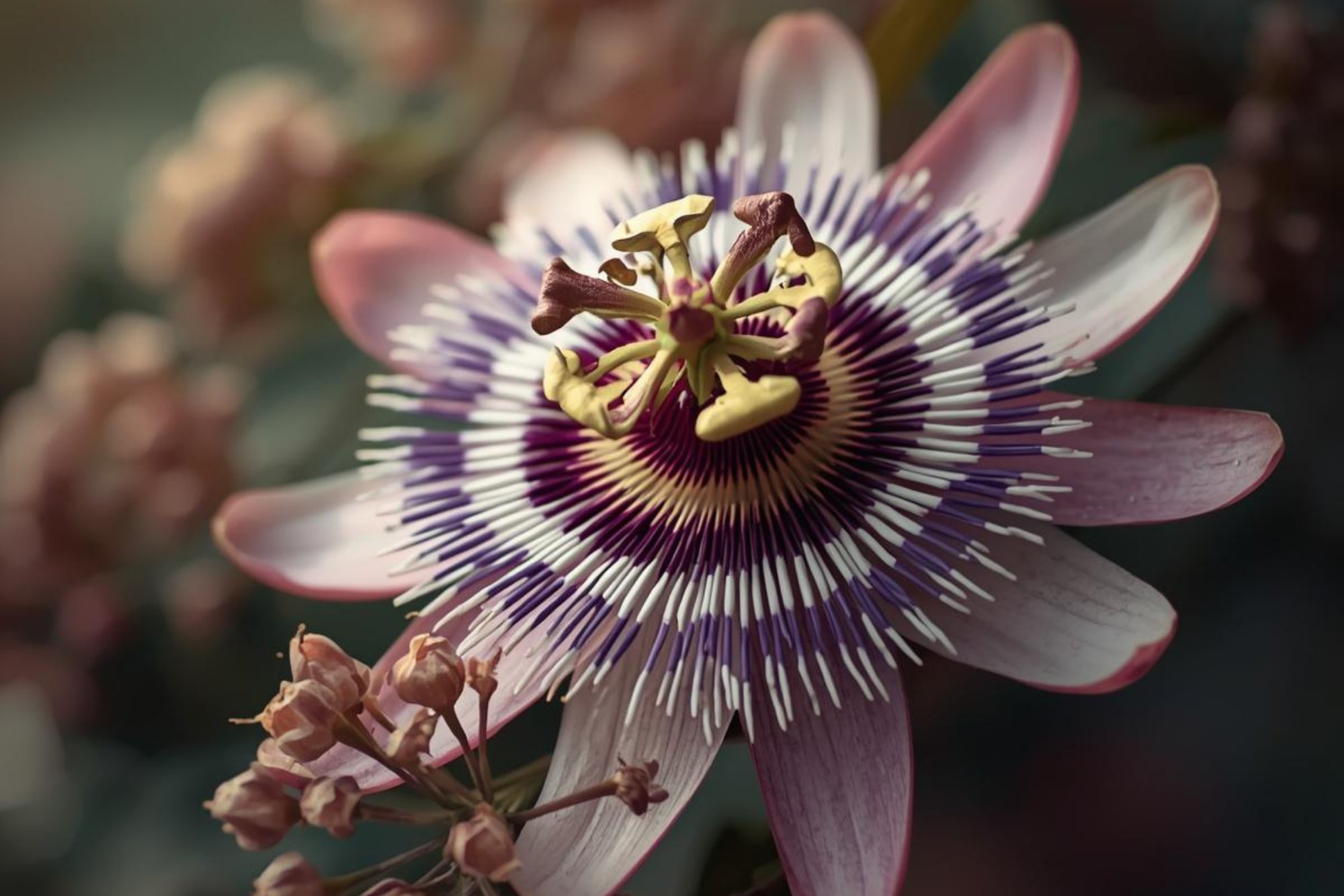 Passion Flower Close-up: A beautiful, detailed shot of the actual passion flower blossom, perhaps with dried flowers nearby.