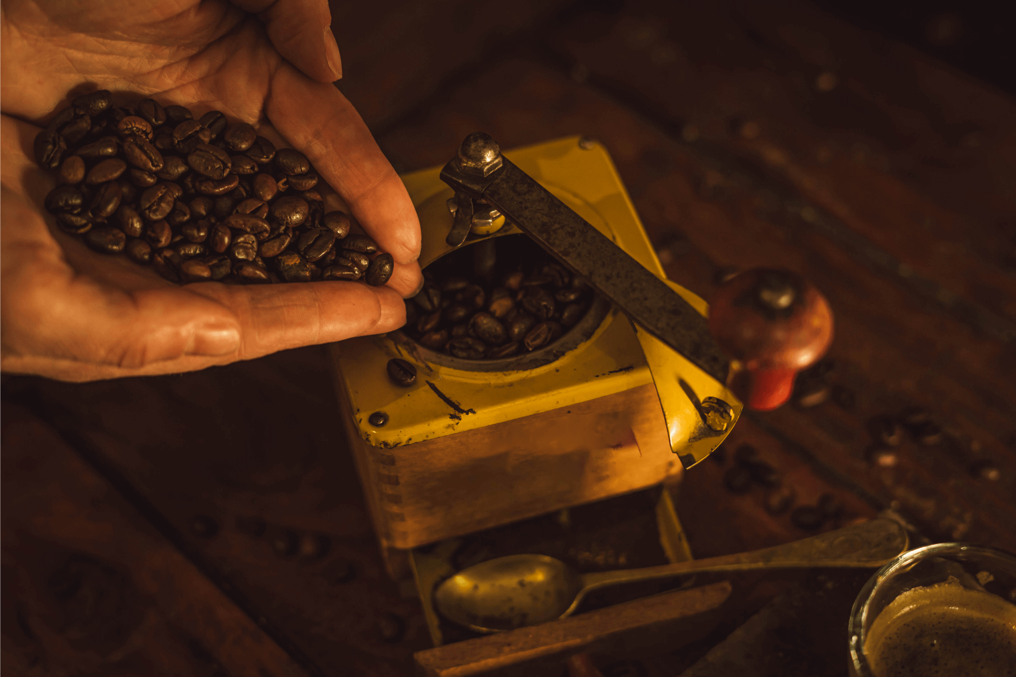 A sleek image of a person pouring beans into a grinder.