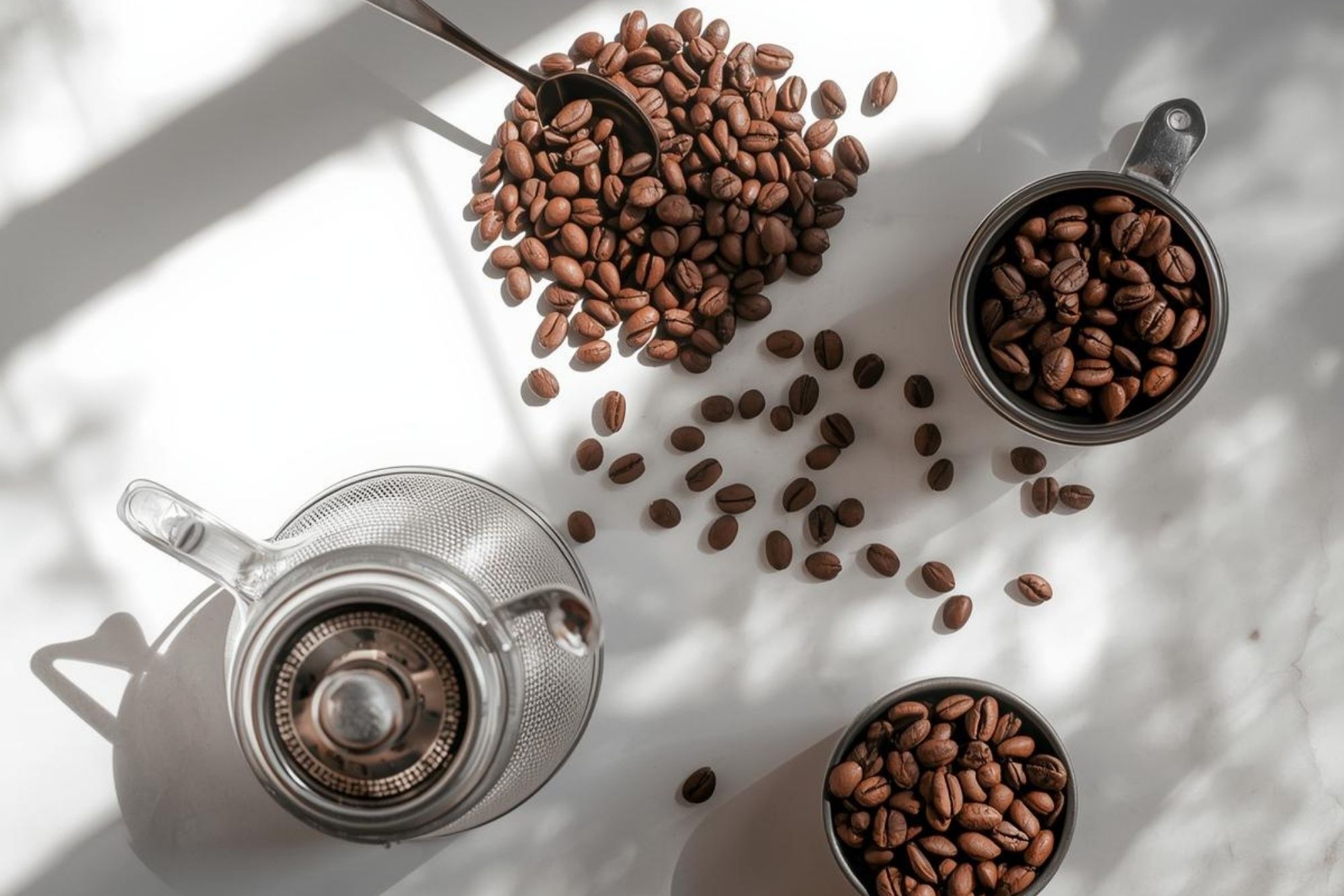 A flat lay showing all the key tools: V60 dripper, scale, kettle, grinder, and beans.