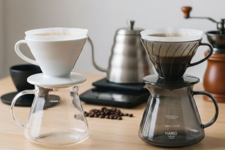 A photo showing a ceramic Hario V60 and a plastic Hario V60 side-by-side.