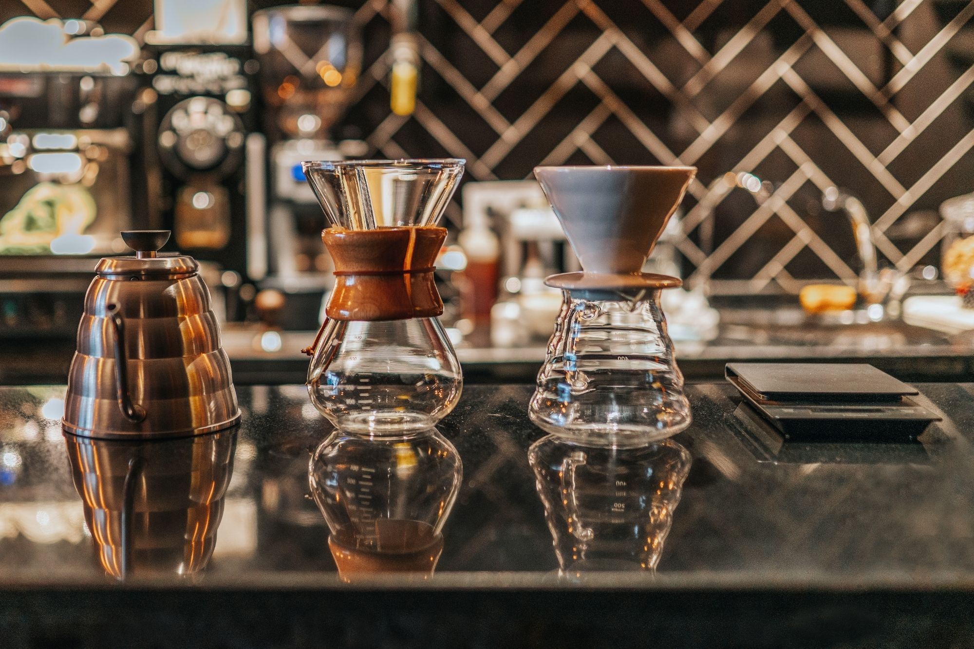 A clear photo showing two Harios, placed on a counter or glass server.