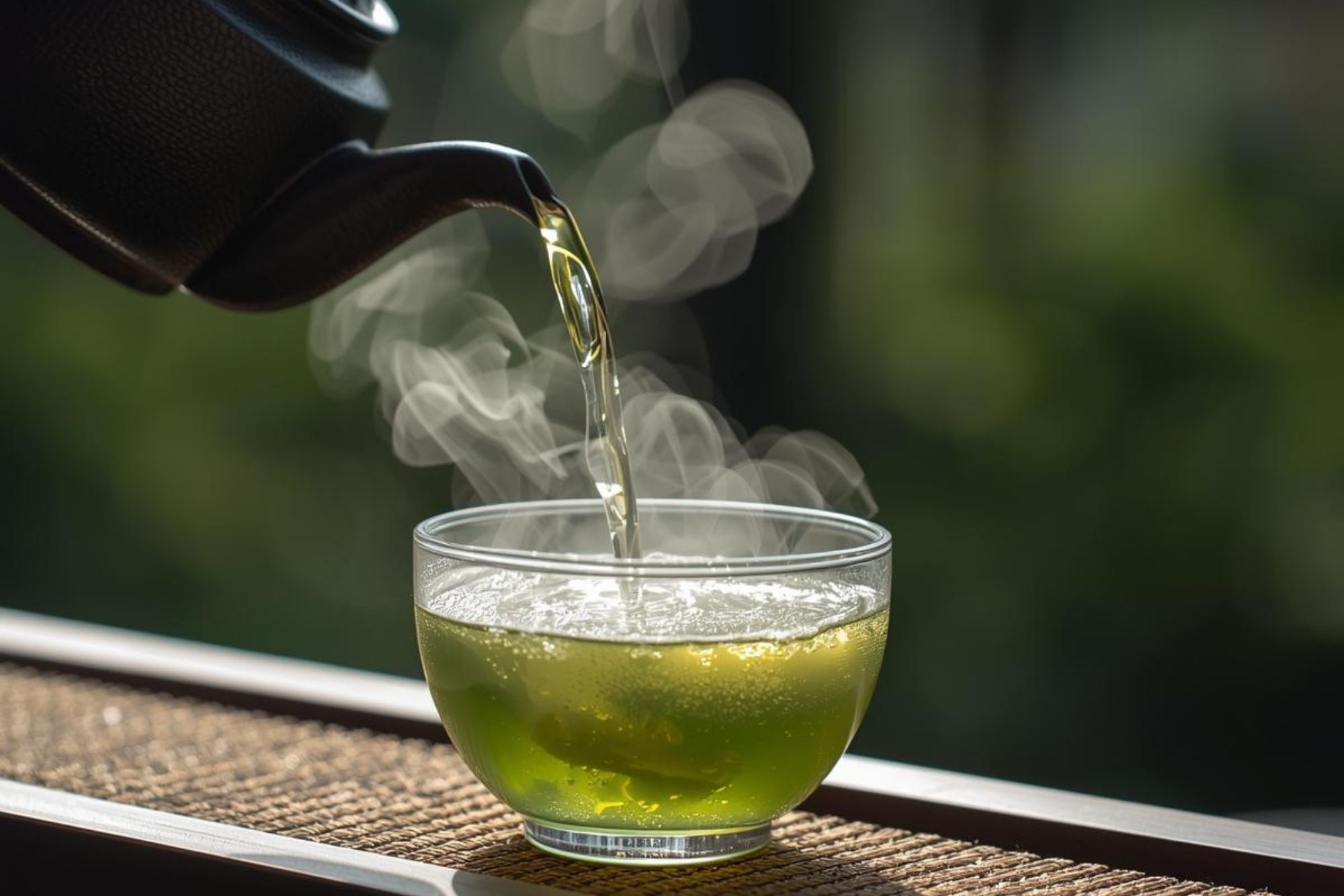 A close-up of a cup of clear green sencha poured from a traditional Japanese kyusu teapot.