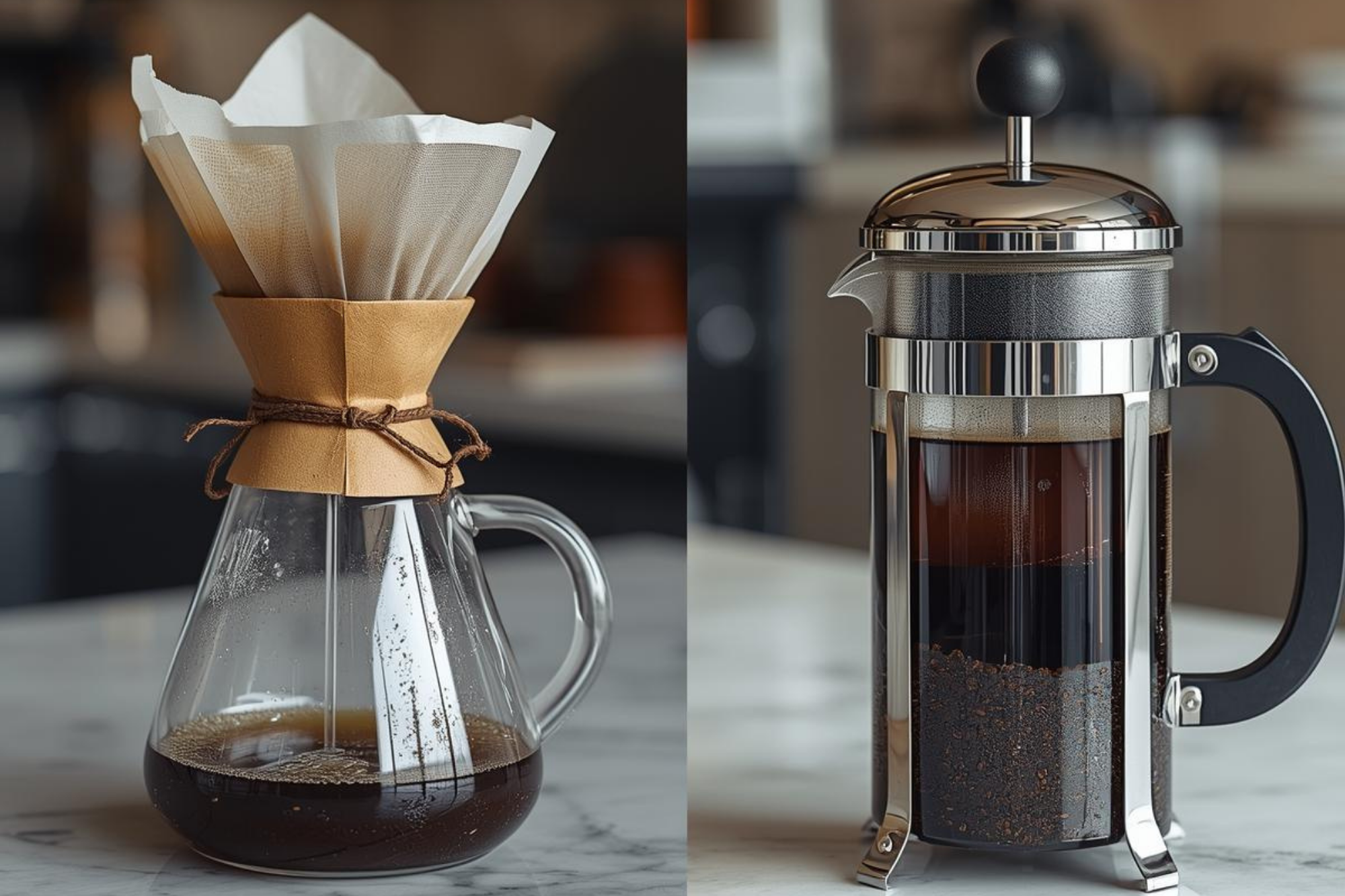 A side-by-side comparison of a pour-over setup and a French press setup.