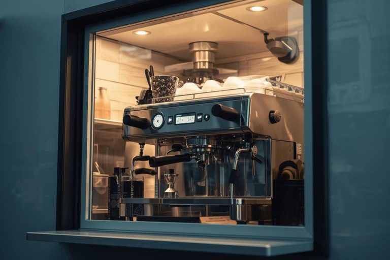 A shot showing a sleek espresso machine operating inside a modern coffee truck/trailer window, emphasizing the compact, professional setup.