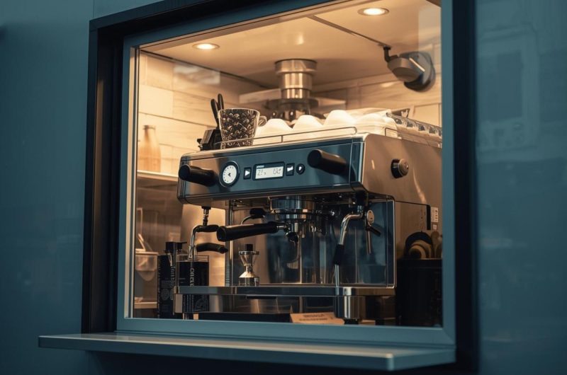 A shot showing a sleek espresso machine operating inside a modern coffee truck/trailer window, emphasizing the compact, professional setup.