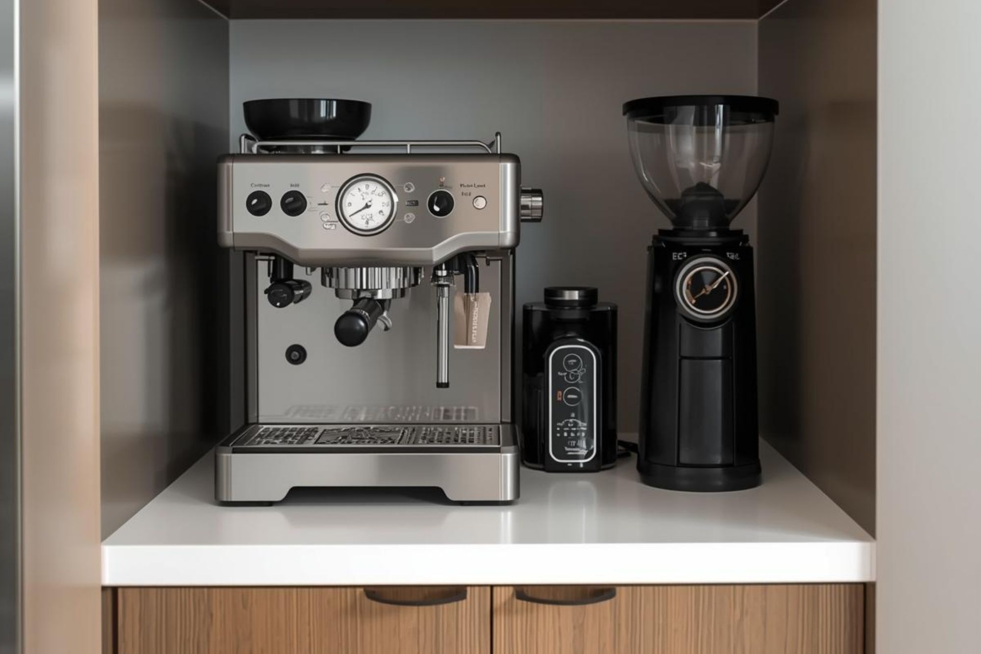 An image showing a compact espresso machine (like a Linea Mini) and a grinder neatly organized on a very small counter, emphasizing the "Tiny Counters" constraint.