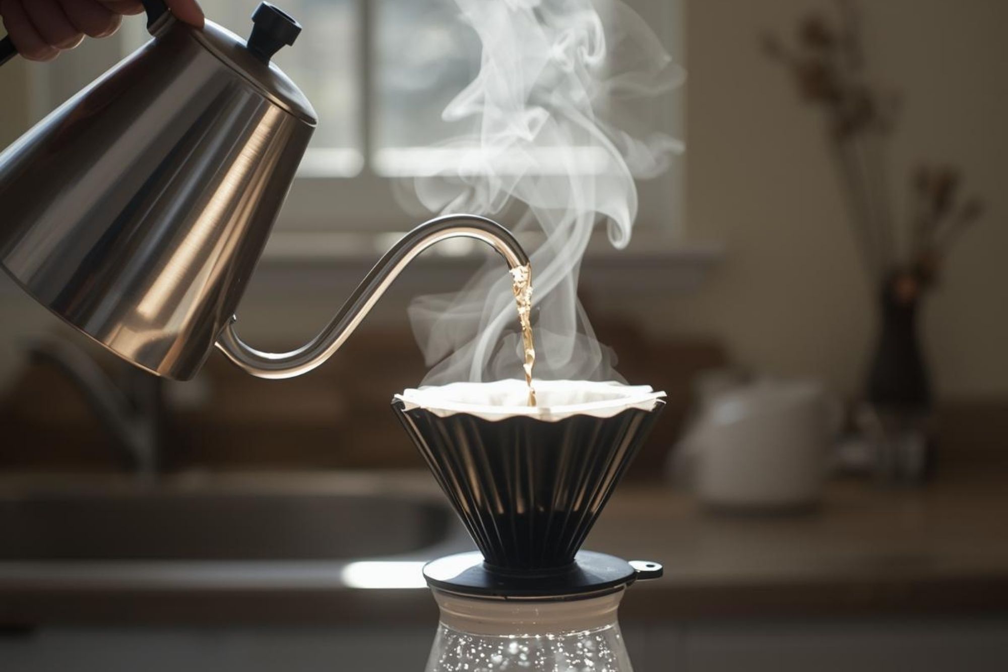 A photo showing a gooseneck kettle pouring slowly into a dripper.