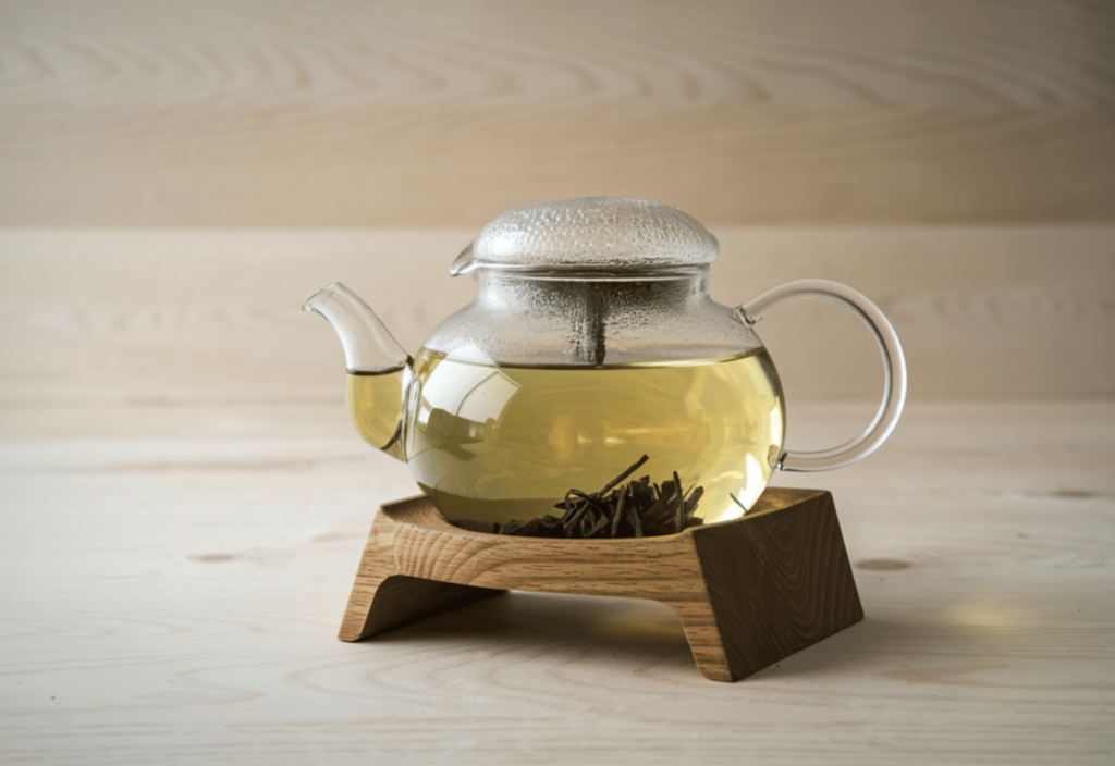 glass teapot full with tea raised on a wooden platform