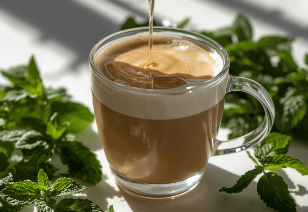 a cup of latte surrounded by mint leaves