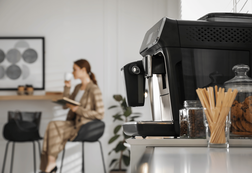 An office break room with a coffee machine