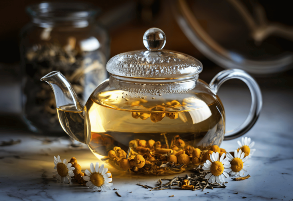 glass teapot full with flowering tea